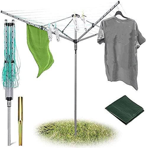 BPIL 60m Rotary Washing Line - Heavy Duty 4 Arm Outdoor Clothes Airer - 40/50/60M Portable Washing Line Dryer with Metal Ground Spike and Waterproof Protective Cover