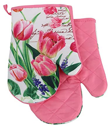 Euromat Set di 2 guanti da forno con magnete, guanti da forno, guanti da cucina, guanti da cucina (rosa, bianco, verde, tulipani floreali F20A866)