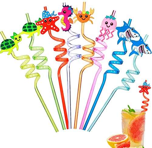 Strohhalme Kinder, 8 Stück Trinkhalme Wiederverwendbare, Strohhalm Plastik Meerestiere, Plastikstrohhalme für Unterwasserwelt Kindergeburtstag, Ozean Party, Cocktail Deko