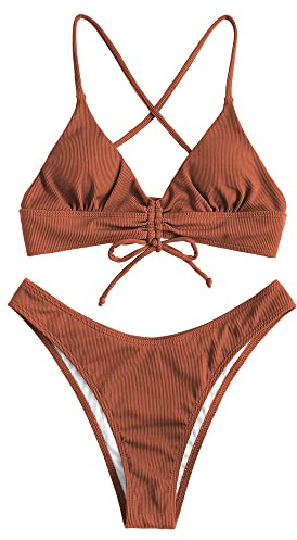 ZAFUL Ensemble bikini 2 pièces avec soutien-gorge réglable et sangle dorsale, maillot de bain triangle avec imprimé oiseaux, Marron-g., M