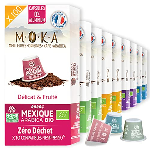 MOKA 100 Capsules Bio Compostables 100% Pur Arabica Mexique Honduras Ethiopie Brésil Pérou- Compatible avec les machines à Capsules Nespresso - Intensité 6-8 - Home Compost - Torréfié en France…