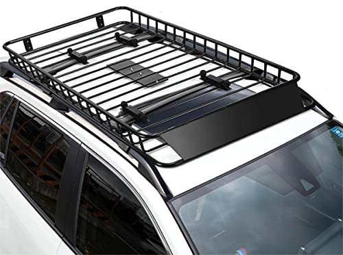 TANGZON Steel Roof Rack Basket, Universal Luggage Cargo Carrier with Wind Fairing, Rooftop Luggage Holder for Car SUV & Truck (113KG Capacity，162 x 99 x 15cm)