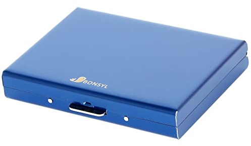 BONSYL® Porta Carte di Credito Portafoglio, Custodia Sottile in Metallo con Blocco RFID Contiene 8 Carte, Portafoglio per Carte di Credito per Donna e Uomo. (8 Slot-Blu)