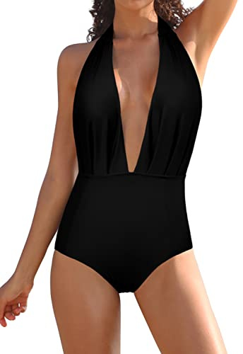SHEKINI Women's Low Back Swimsuit Sexy Deep V Neck Beach Swimwear Padded Backless Halter Swimming Costume, Black, Small