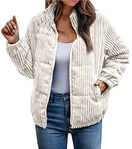Vestes d'hiver chaudes et confortables en velours côtelé pour femmes, vestes bomber légères côtelées matelassées à manches longues avec fermeture éclair intégrale et col montant décontracté en coton