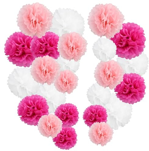 24 Pompon Decorativi in Carta Velina - Rosa Chiaro, Rosa e Bianco - Decorazione per Matrimonio, Compleanno, Inizio della Scuola e San Valentino