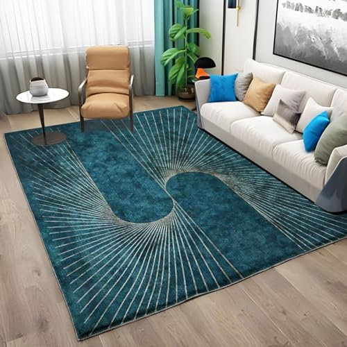Teppich Wohnzimmer Schlafzimmer 120x170cm Outdoor Kurzflor Teppiche Waschbar Weich Flauschiger rutschfest TüRkis Goldene Linien-