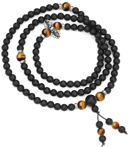 COAI Collana Mala 108 Grani, Bracciale Mala Multistrato 108 Perle in Pietre Naturali, Rosario Tibetano Vajra con Perline di Onice Opaco e Occhio di Tigre, Rosario Collana Uomo Donna