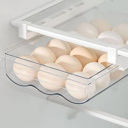 Caja de Almacenamiento de Huevos con Cajón - Caja Transparente para Huevos con Guías y Asas - Cajón de Plástico para Refrigerador - Ideal para Huevos, Verduras y Frutas en Cocina o Restaurante.