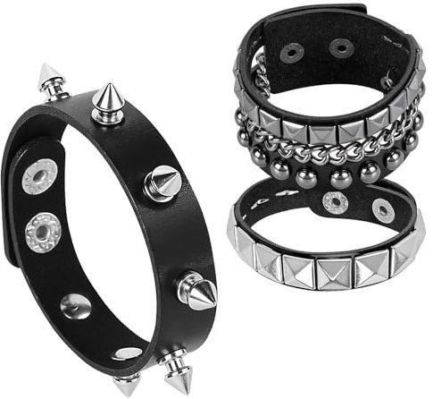 Tikplus 3 Stück Punk Leder Manschette Armband, Retro Punk Leder Kette Armbänder mit Verschluss, Schwarz, Unisex, für Kostümparty, Konzert, etc.