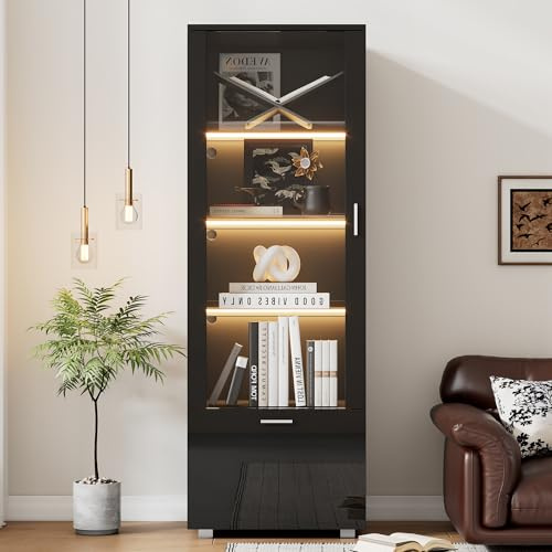 Merax Vitrine noire brillante avec portes en verre, vitrines en verre éclairées par LED, avec 3 étagères en verre, pour objets de collection, armoires à parfums, bibliothèques, 40 x 50 x 160 cm