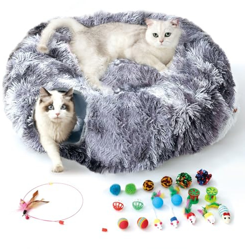 FURRYPAWS Tunnel per Gatti 3-in-1 Regolabile (S/C/Rotondo) - 160cm con Cuccia, Struttura Metallica, 20 Giochi Inclusi, Pieghevole, Ideale per Gatti/Conigli