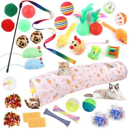 Geila 32 interaktiva kattleksaker för inomhusbruk, inklusive vikbar kattunnel, kattunge, leksak, katt-teaserpinne, mus, leksak vävd fjäder (32 st morot rak set)