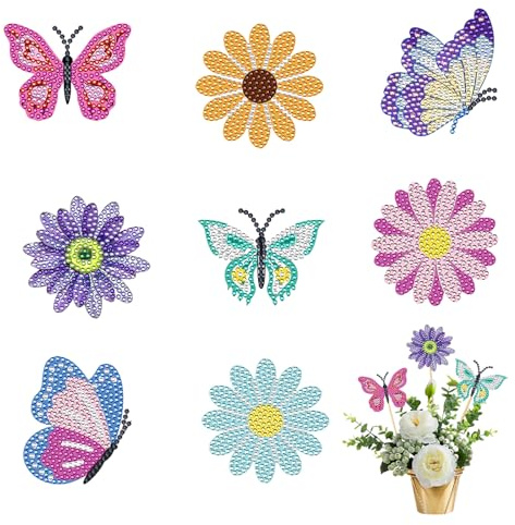 KLINNA 8 pezzi Diamond Painting Farfalla e fiori, kit fai da te per bambini adulti, decorazione da giardino per esterni e giardini, decorazione per interni, regalo perfetto per ragazze 8-10 anni