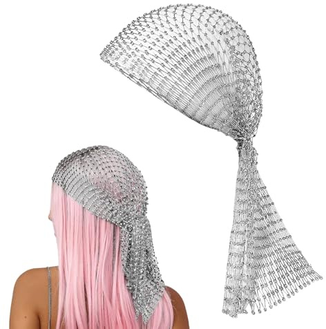 Hybursky Fishnet Headband with Rhinestone Hollow Out Glitter Sequins Head Scarf Veil Cap Elastic Nightclub Headwrap Headpiece Turban Caps Hair Accessories for Women Girls(Silver)