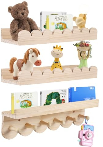 Juego de 3 estantes de pared de madera maciza para niños - Estantería con 6 ganchos para libros y juguetes - Estantería Montessori de 40 cm - Estantería flotante con curvas para niños y niñas