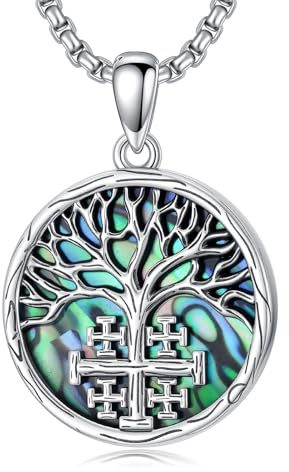 PROESS Livets träd kedja 925 sterlingsilver Jerusalem kors halsband viking livets träd hänge religiösa smycken jul Thanksgiving presenter för män kvinnor, Sterlingsilver