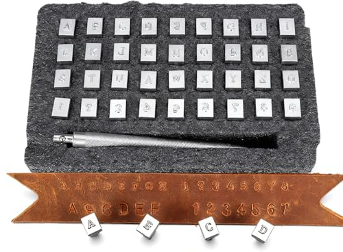 VOBOR 37 stycken läderpräglingsstämplar AZ alfabet och 0–9 siffror, höjd 3,5 mm, metallbokstäver stämplar pysselstämplar för gör-det-själv prägling lera, läder, hantverk, tryck