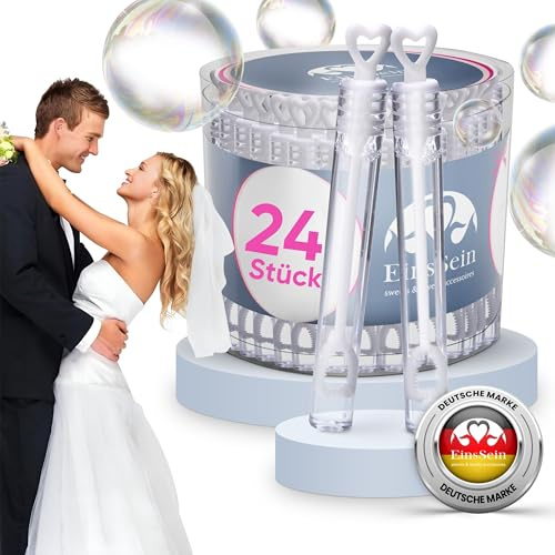 EinsSein 24x Bulles de Savon Mariage – Tubes Cœur Blanc | Bulles Transparentes en Plastique | Décoration Champêtre | Cadeaux Invités Mariage, Baptême, Confirmation, Anniversaire, Fête