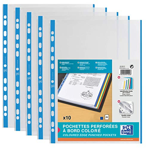 Oxford Prospekthüllen, DIN A4, oben offen, Rand in blau, glasklar, 100 stück