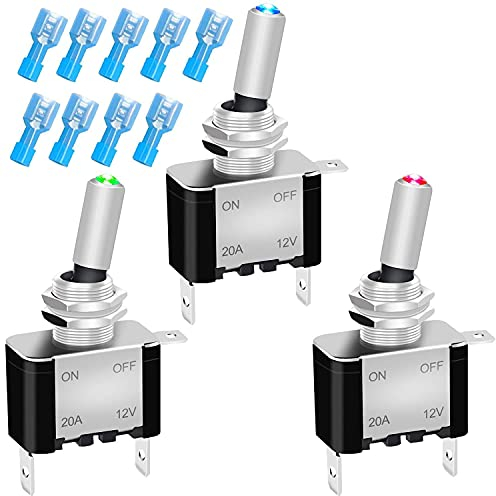 Gebildet 3pcs 20A 12V-24VDC Conmutador de Palanca con Luz LED(Rojo,Verde, Azul),Interruptor de Palanca 2Posiciones ON/Off 3Pin SPST, Interruptores de Basculantes para Auto Vehiculo Barco
