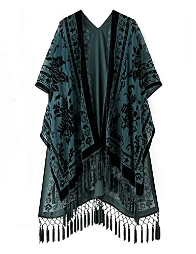 MJ SERECA Langer Kimono-Cardigan aus Burnout-Samt für Damen mit Bommel Dunkelgrün