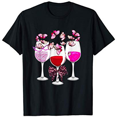 Wine Glass Butterfly Pink Ribbon - Breast Cancer Awareness Maglietta