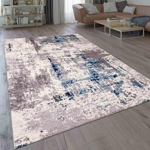 VIMODA Teppich Abstrakt Vintage Look Wohnzimmer Kurzflor Teppich läufer Blau, Maße:80x150 cm