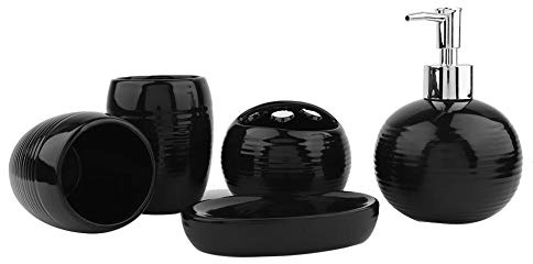 HERCHR Ensemble de 5 Accessoires de Salle de Bain en Céramique, Noir Decoration Salle de Bain Ensemble De Bain Kit avec Porte Brosse à Dents, Distributeur de Savon, Porte-Savon et Gobelet ﻿