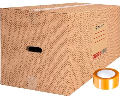 packer PRO Lot de 10 Boîtes en Carton pour Déménagement et Rangement avec Poignées et Ruban Adhésif, Carton Ultra Résistant, 600 x 400 x 400 mm