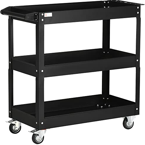 DURHAND Carro de Herramientas con Ruedas Carro de Taller de Acero con 3 Estantes de Almacenamiento y Asa Lateral para Garaje Mecánico Hogar Carga 150 kg 83x35,3x76 cm Negro
