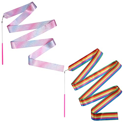 Savita 2 Stück Tanzbänder, 4m Gymnastikband mit Stab Rhythmische Tanzbänder Baton Twirling für Künstlerisches Tanzen Kinder Tanzen Talentshows