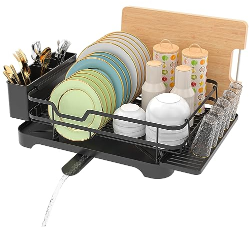 E-MANIS Abtropfgestell, Einlagige Geschirr Abtropfständer, mit Tropfschale und Spiraldüse, Geschirrabtropfgestell mit Abnehmbarem Besteckhalter, Schwarz, rzx6360