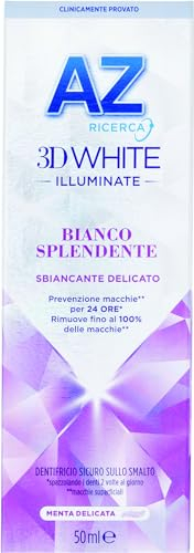AZ Ricerca DENTIFRICIO 3D White Illuminate Bianco Splendente, SBIANCANTE DELICATO, RIMUOVE Fino al 100% delle MACCHIE Superficiali, Confezione SINGOLA da 50ml, Gusto MENTA DELICATA