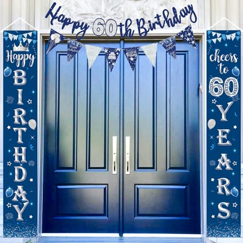 60 Geburtstag Tür Banner Deko Mann, 60. Geburtstag Veranda Schild Banner, Blau Silber 60. Geburtstag Banner Girlande Wimpel Bunting, 60. Geburtstagsfeier Banner Wimpelkette für Tür Männer Party Deko