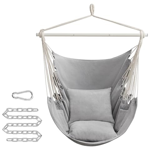 SONGMICS Silla Hamaca, Silla Colgante Grande con 2 Cojines, Silla Colgante con Cadena, Capacidad de Carga 150 kg, para Interior, Exterior, Salón, Dormitorio, Gris Paloma GDC197G01