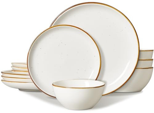 ONEMORE 12 Pcs Service de Table en Porcelaine Complet Moderne pour 4 Personnes, 4 Pcs * [Assiette Plate][Assiette à Dessert][Bol à Céréale], Cremeweiß
