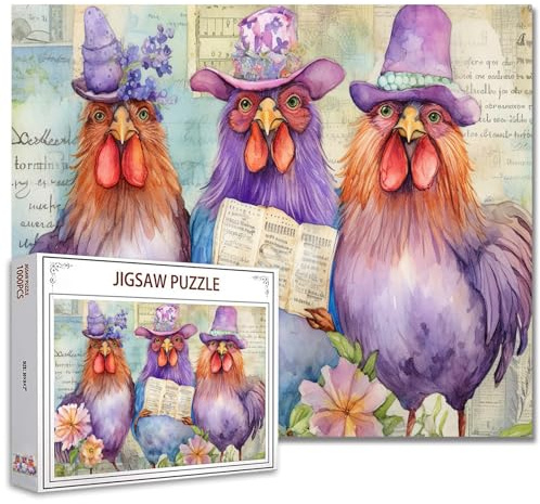 Tucocoo Cute Roosters Puzzle for Adults, 1000 Pieces, Funny Watercolor Chickens with Hats, Colorful Puzzle for Home Decoration, for Family Activity