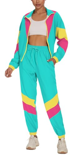 UOUA Women's Color Block 2 Piece 80s 90s Outfits Long Sleeve Windbreaker Jacket Tracksuit Set MintGreen S