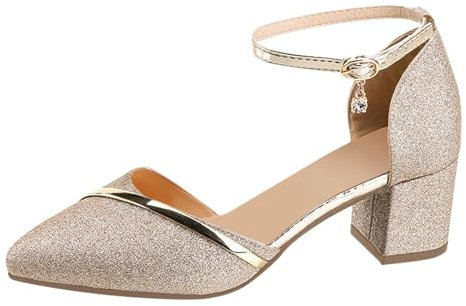 Sandales de course à pied nu à talon carré bas et mi-long avec sangle de cheville pour femme, doré, 36.5 EU