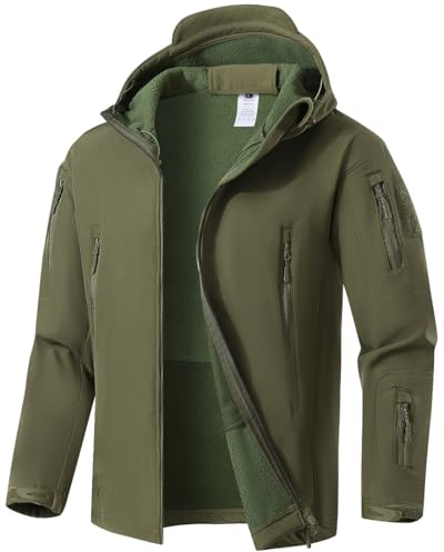 WINKEEY Chaqueta Softshell Hombre Invierno Senderismo al aire Libre Repelente al Agua Camo Chaqueta Táctica Forro Polar a Prueba de Viento Chaqueta de Caza Caliente para los Hombres,Verde XL