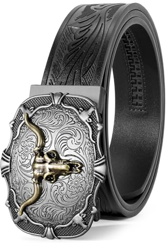 SANSTHS Ratchet Cowboy Belt, Western Ratcheting Belts for Men Ratchet Western Belt with Automatic Cowboy Buckle, Bronze Bull/Black