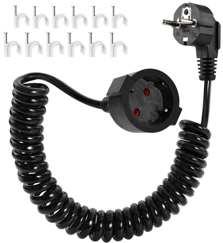 Schutzkontakt Spiralverlängerung 2M, Schuko Verlängerungskabel Spiralkabel Verlängerung dehnbar von 0.75m auf 2m, 3680W Spiralleitung Kabelstecker Spiral Kabel mit Schuko Stecker & Kupplung,Schwarz ﻿