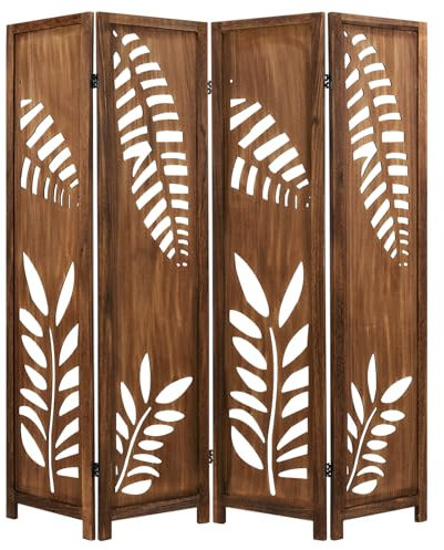 COSTWAY 4/6 Panel Folding Room Divider, Solid Paulownia Wood Privacy Screen Protector with Carved Leaf Pattern, Freestanding Paravent Partition Separator for Living Room Bedroom (4 Panel-160x170cm)