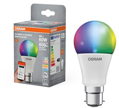 OSRAM SMART+ RGBW, lampe LED B22d avec Matter over Wifi, spécialement conçue pour ALEXA - installation facile en un clic,remplace 60W, blanc chaud à blanc froid, 16 millions de couleurs RGB, pack de 1