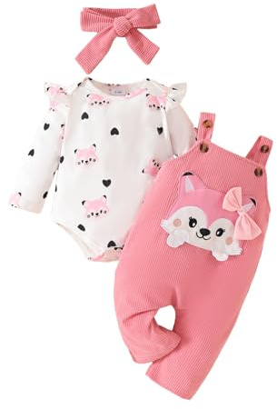 UUAISSO Baby flicka kläder blommiga toppar body björn hängselbyxor justerbara overaller outfitset, Rosa räv, 12-18 månader