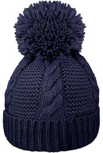 Veesori Ladies Warm Chunky Diamond Cable Knit Pompom Hat with Thermal Teddy Fleece Lining one Size Navy