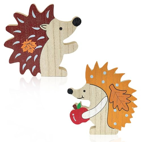 Set di 2 Decorazioni Autunnali in Legno, Riccio in Bosso per Tavolo, Soggiorno e Finestra, Decorazione Interna per l'Autunno