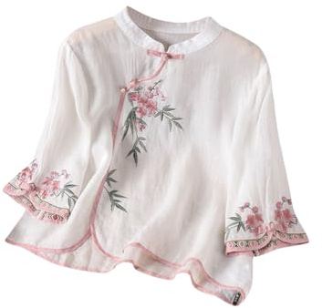 Blusas bordadas de flores para mujer, manga 3/4, blusa de muselina, traje tradicional chino para primavera, camisa casual cheongsam tops ropa tradicional trajes tang, blusa china para mujer