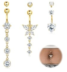 YADOCA 14 g navelpiercing kirurgiskt stål silver/guld piercing navel hjärta CZ lång navelpiercing ring (med 3 ersättningsbollar)